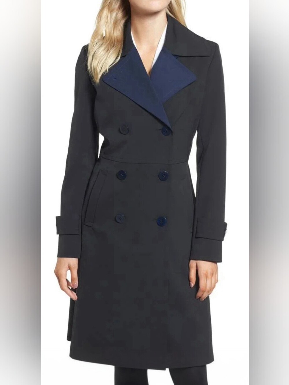 Trina Turk Black Trench Coat with Navy Contrast Lapel